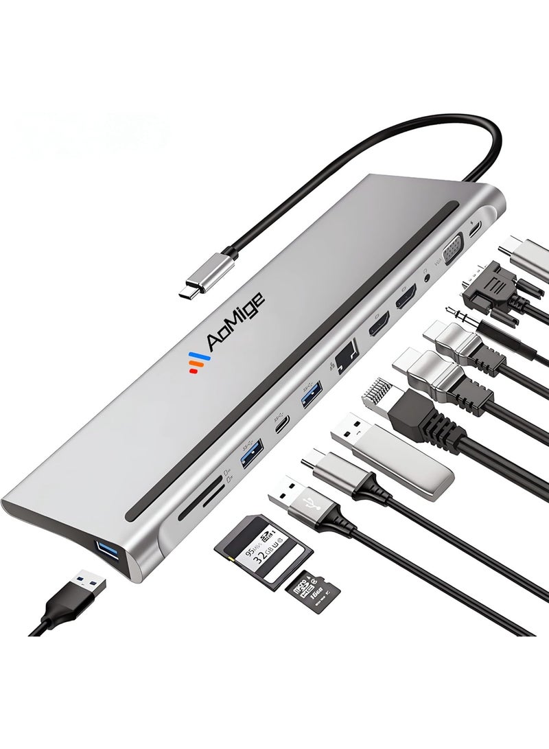 AoMige USB C Docking Station, USB C Dock, Triple Monitor USB Type C to DP HDMI VGA Adapter, 12 in 1 USB C Hub, Laptop Docking Station Multiport USB 3.0 SD/TF Audio for Windows MacBook Type C Laptops - Image 1